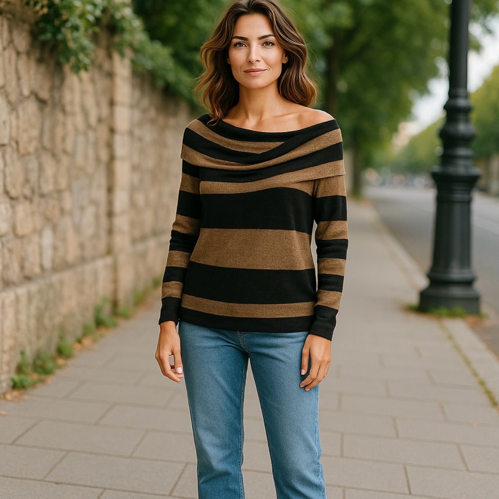 Free People Womens Lulu Sweater S Tan Black Striped Cowl‎ Neck Alpaca Wool Blend